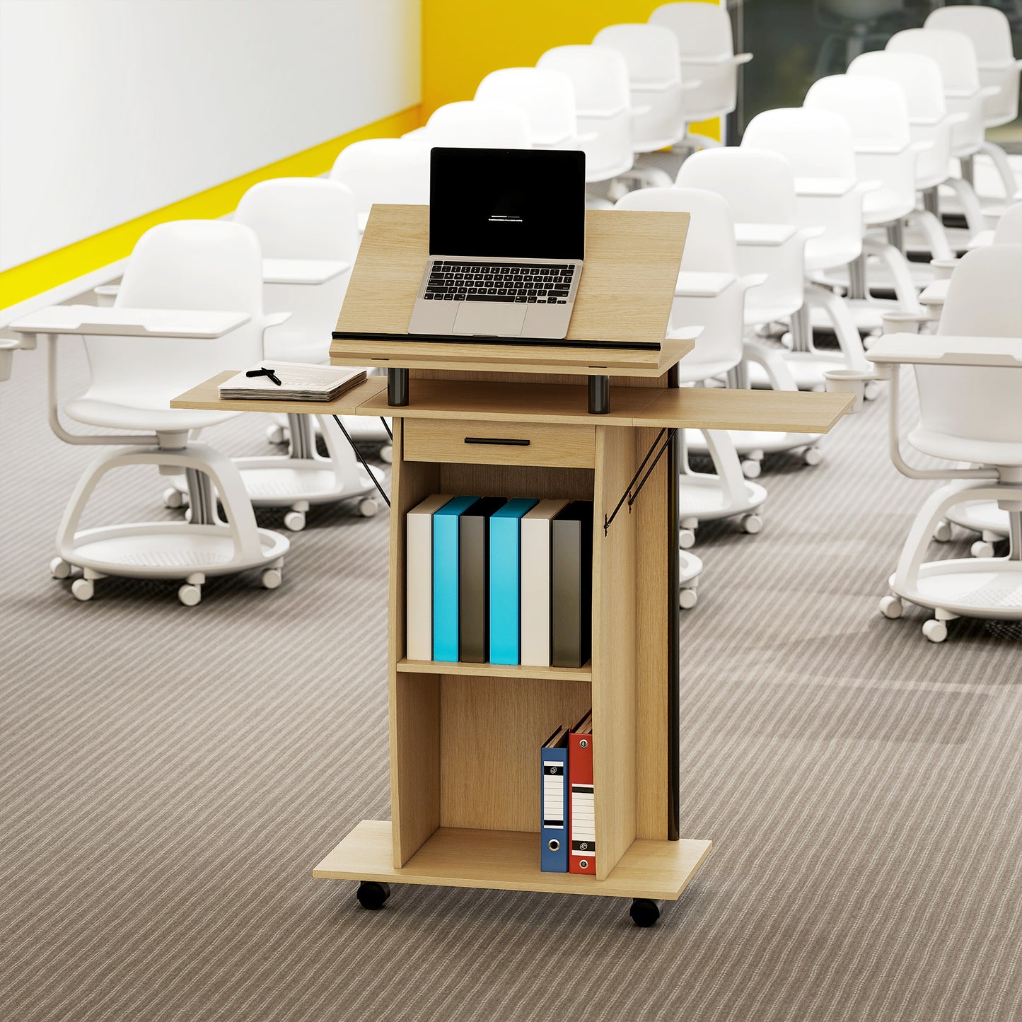 HOMCOM Rollbarer Podiumsständer, Redepult mit klappbaren Seitenflügeln, Laptop-Tisch mit Schublade und Regalen, Eichenoptik