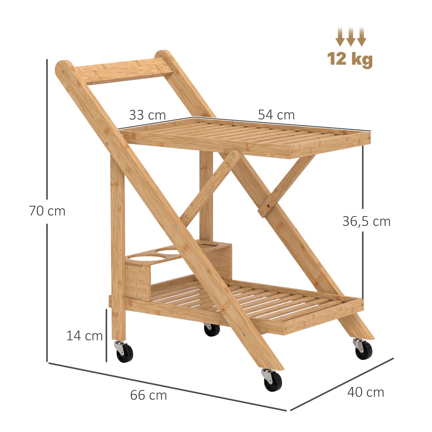 HOMCOM Küchenwagen auf Rädern, Servierwagen mit 3 Weinregalen, 2 Tabletts, für Küche, Esszimmer, Bambusholz, Hellbraun
