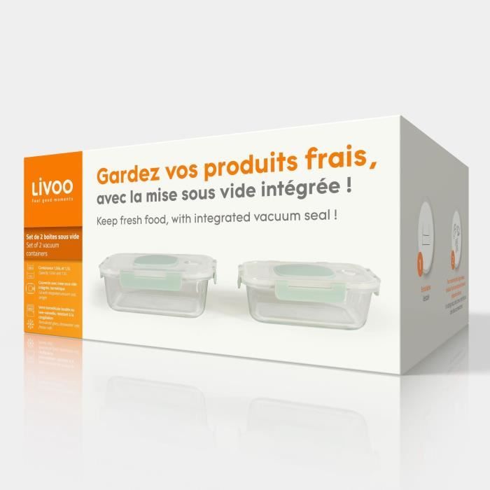 Set of 2 vacuum boxes - LIVOO - MEN404V - 1.04 L and 1.5 L - Borosciliate glass - Plastic lid - Nestable