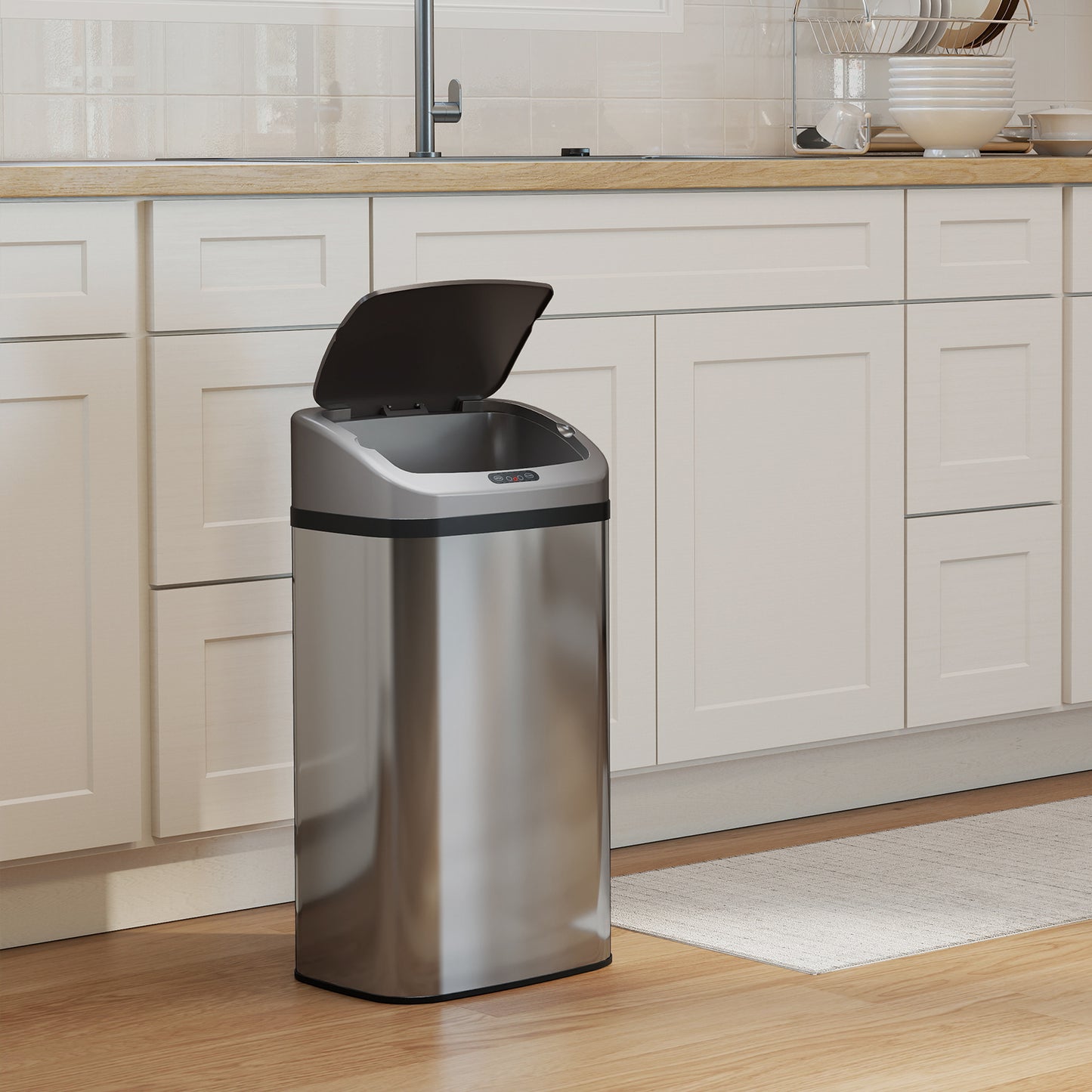 HOMCOM 48 L Sensor-Mülleimer für Küche oder Büro, automatische Schließ-Funktion, Edelstahl, Silberton