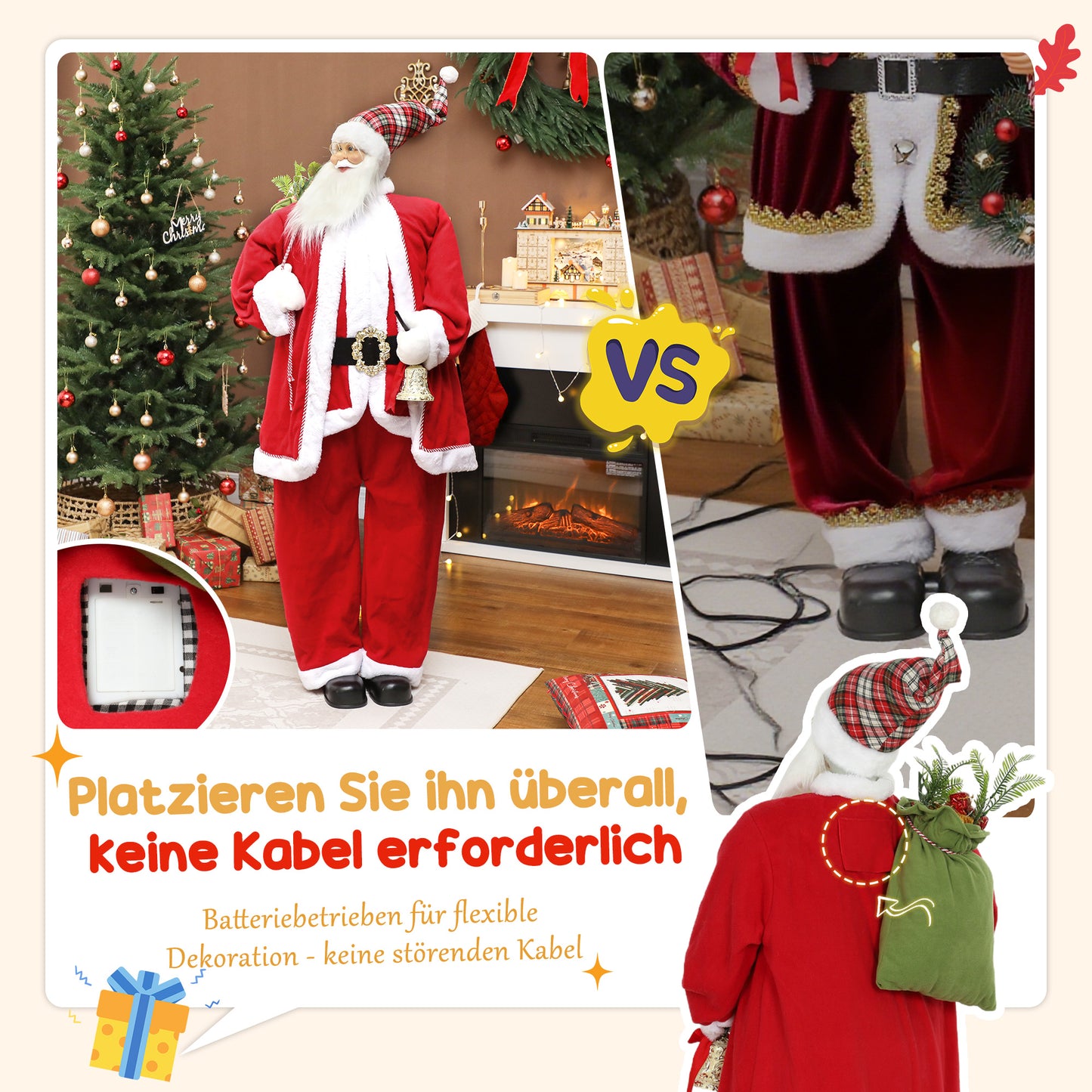 HOMCOM Weihnachtsmann 1,6 m stehende Weihnachtsmann mit Geschenk- und Weihnachtsglocken Soundfunktion