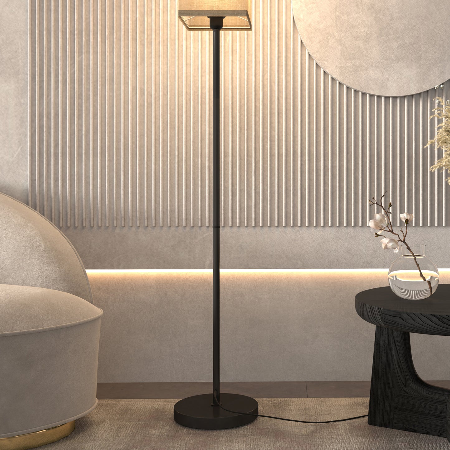 HOMCOM Moderne Stehlampe mit Kunstleinen-Schirm und Fußschalter, für Wohnzimmer und Schlafzimmer, Metall, Schwarz