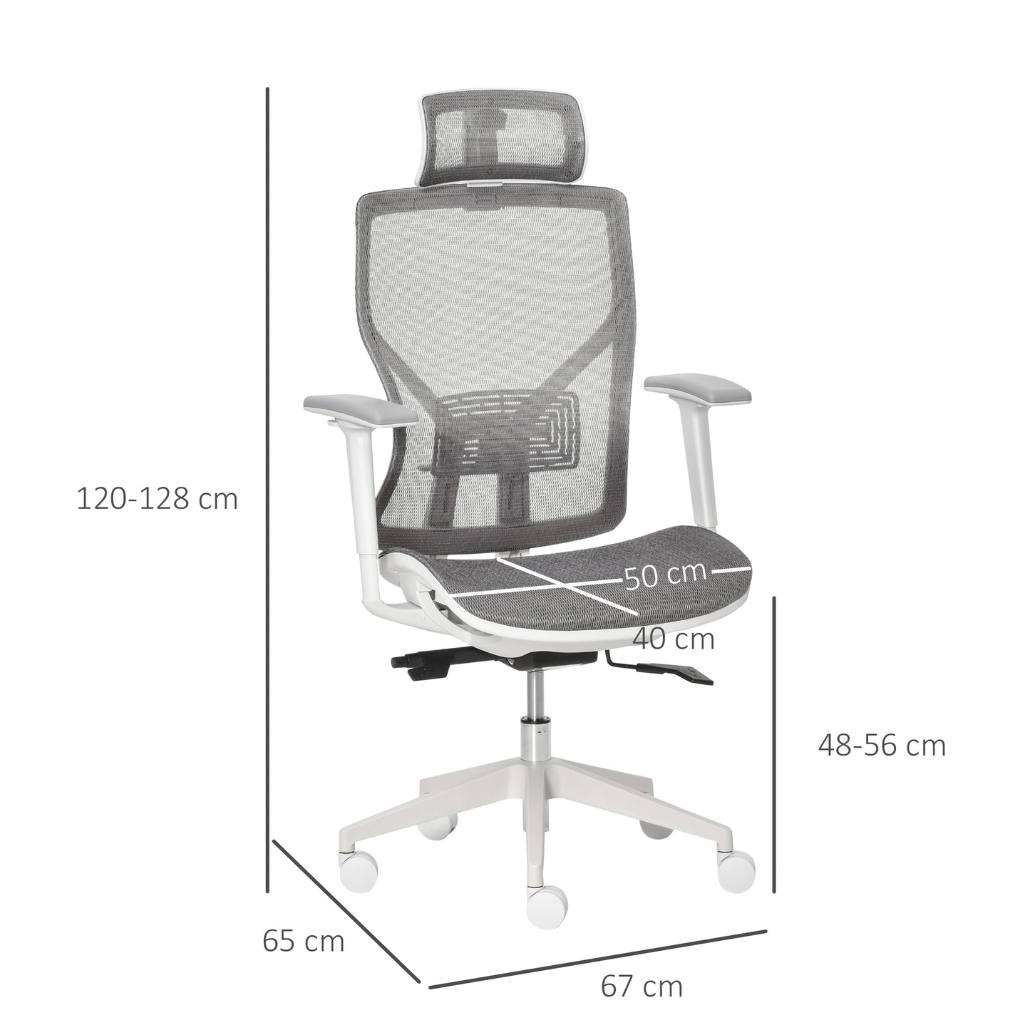 Vinsetto Bürostuhl Schreibtischstuhl Drehstuhl Gamingstuhl mit Kopflehne Lendenkissen 3D-Armlehne 3 Stufen 360°-Drehräder höhenverstellbar ergonomisch Mesh-Stoff Schaumstoff Grau 67 x 65 x 120-128 cm