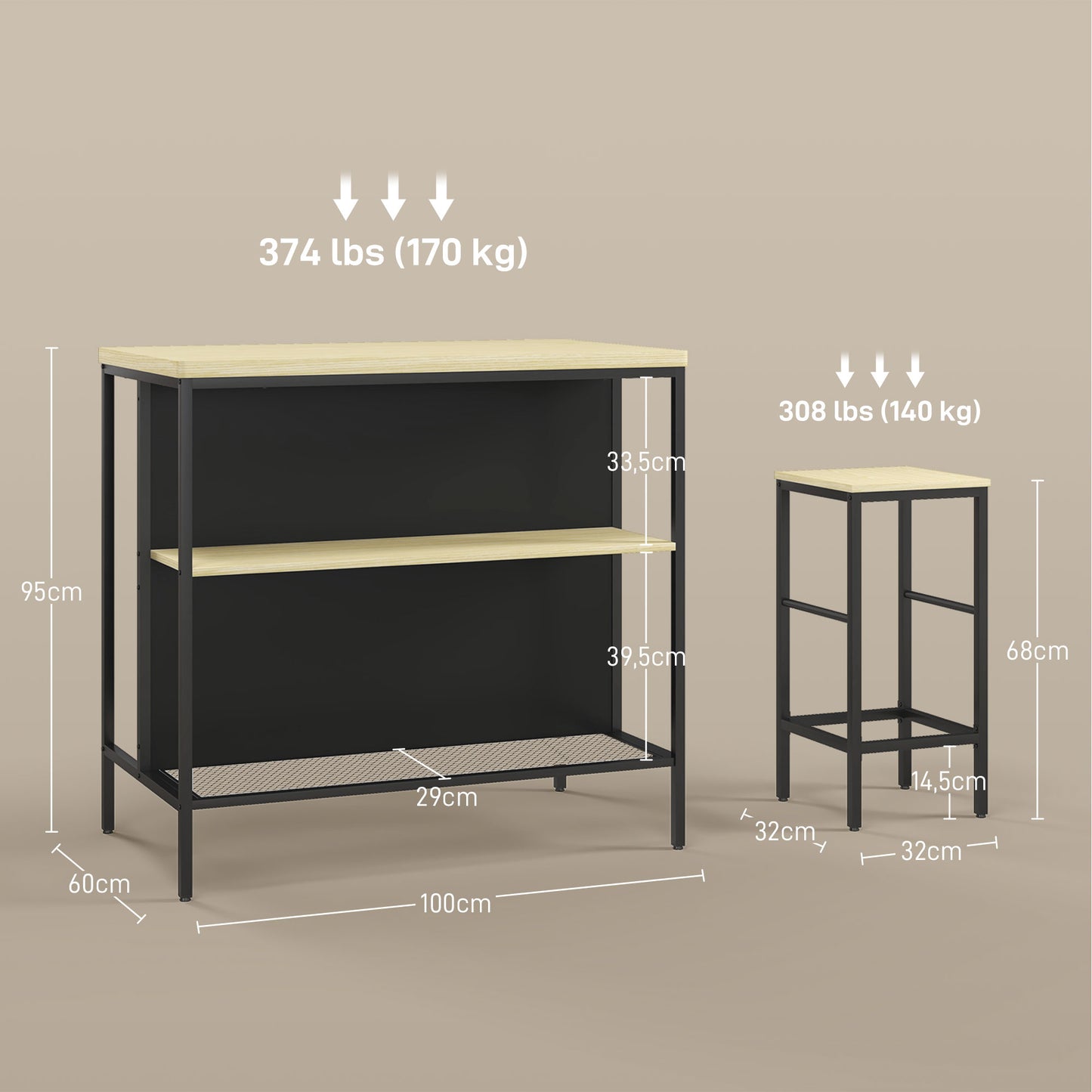 HOMCOM Bar-Set, 2 Barstühle & 1 Bartisch, fleckenresistent, stabil, Stahlrahmen, Schwarz/Eiche