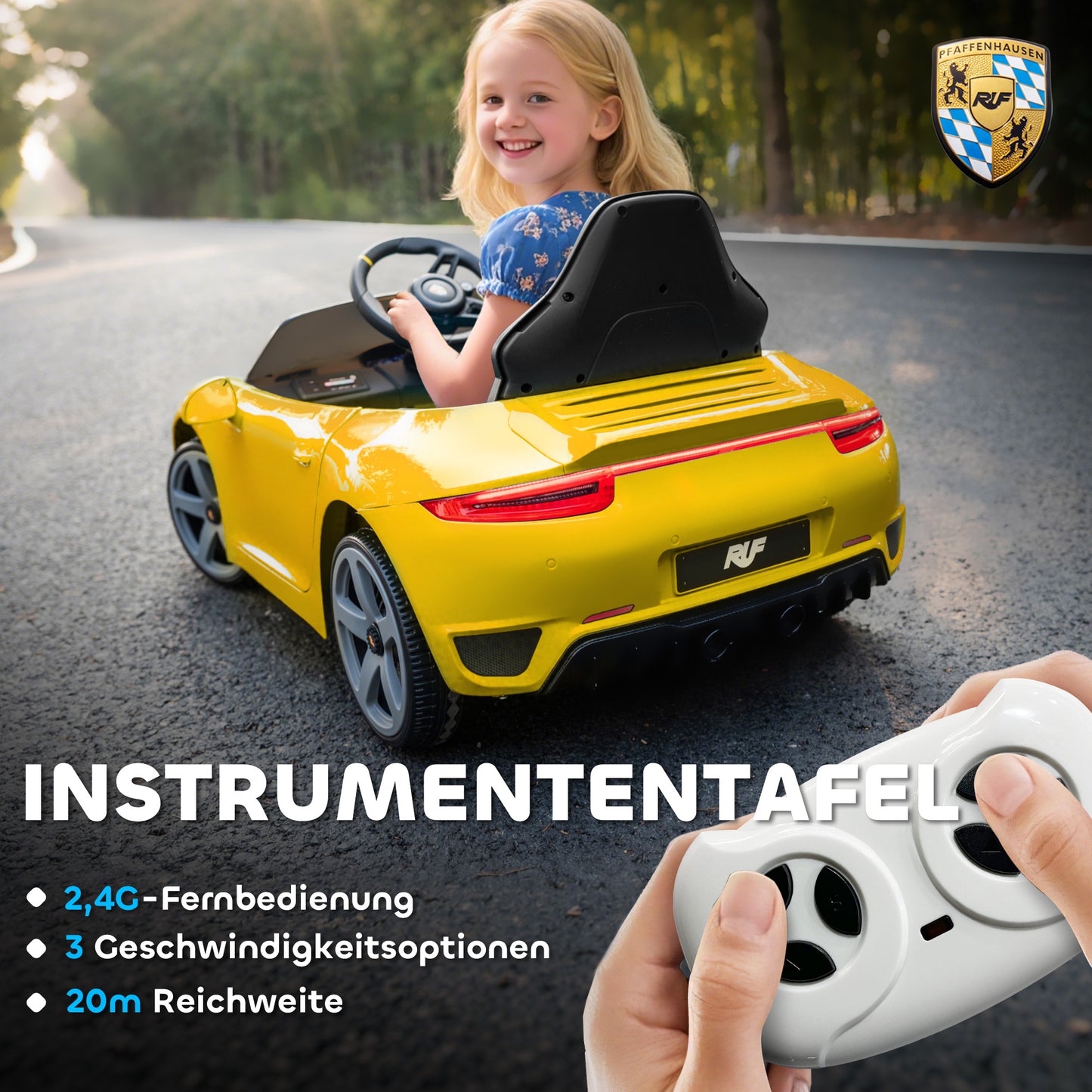 AIYAPLAY Elektrisches Aufsitzauto für Kinder, fernsteuerbar, Musik, Hupe, USB, Sicherheitsgurt, für 3-5 Jahre, Gelb