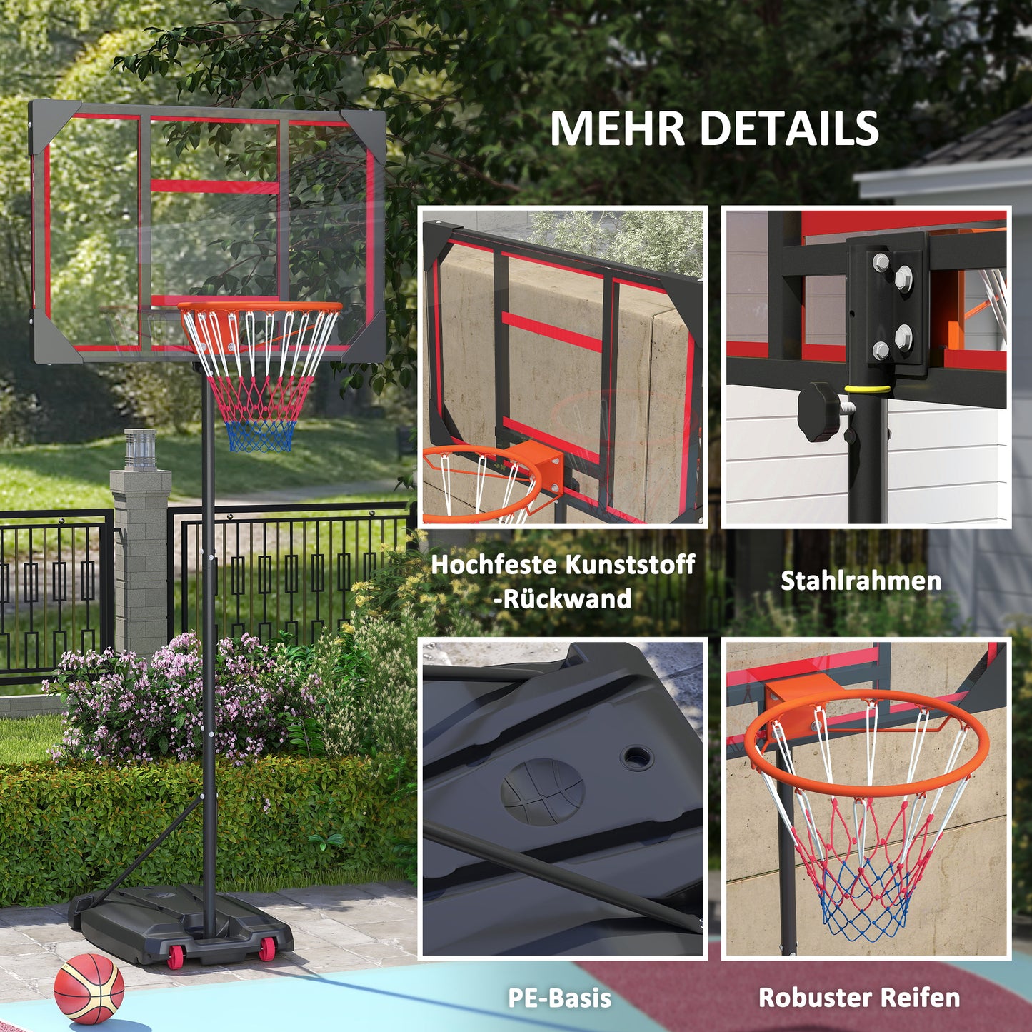 AIYAPLAY Kinder-Basketballkorb, Outdoor-Basketballkorb für Kinder, 210-260 cm höhenverstellbar, mit Rädern, ab 6 Jahren, Rot