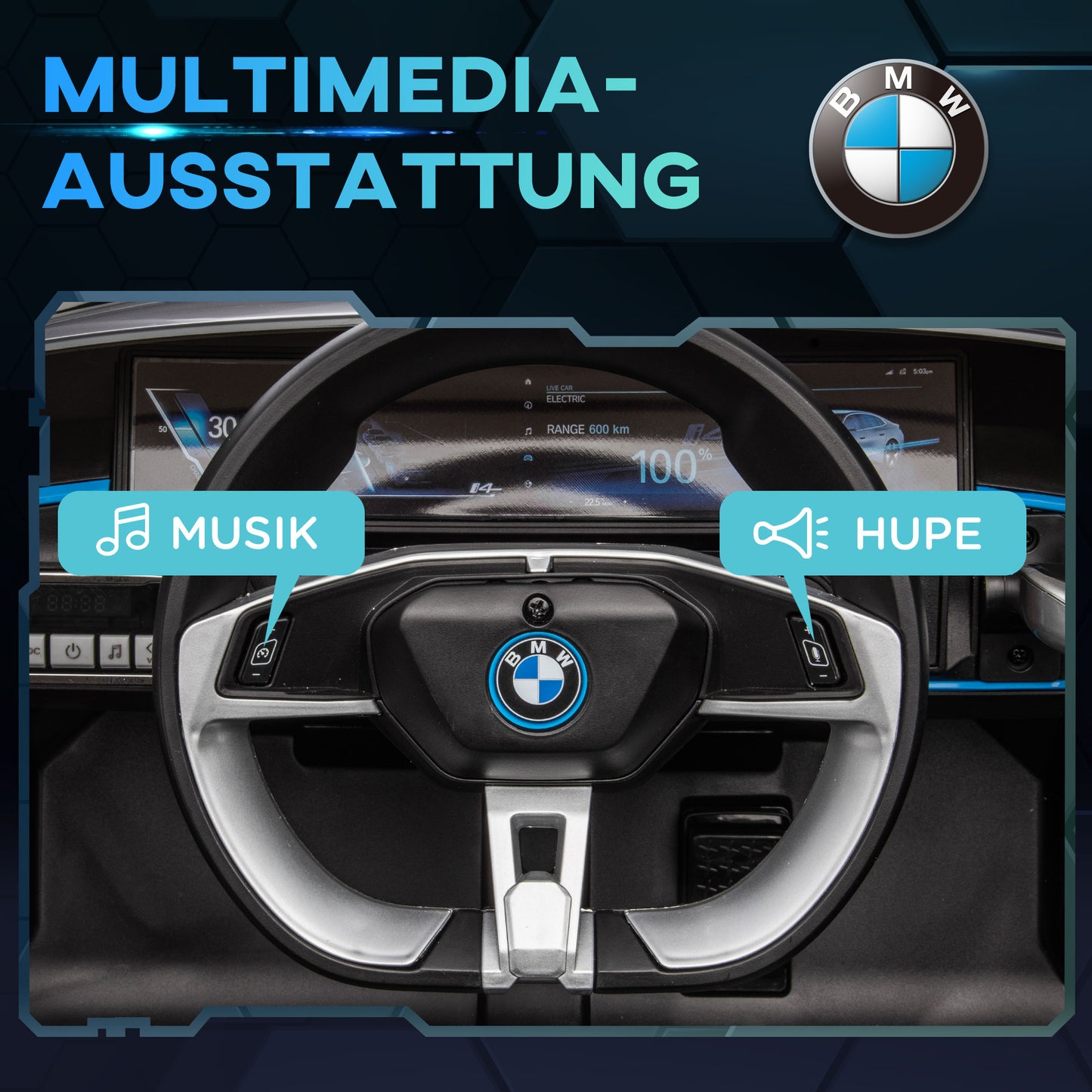 HOMCOM Kinderauto, aufladbarer Akku, 3-5 km/h, mit Fernbedienung, Multimedia-Player, schwarz