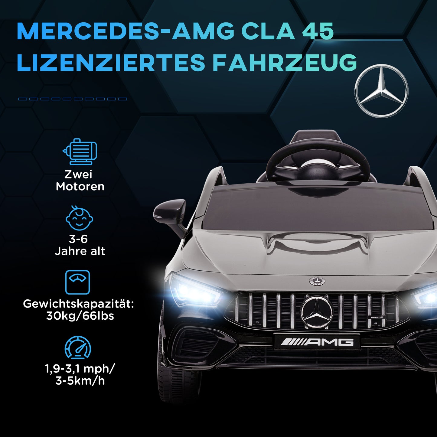 AIYAPLAY Kinder-Elektroauto, fernsteuerbar, mit Transportrollen, LED-Lichter, Hupe, für Kinder von 3-6 Jahren, Schwarz
