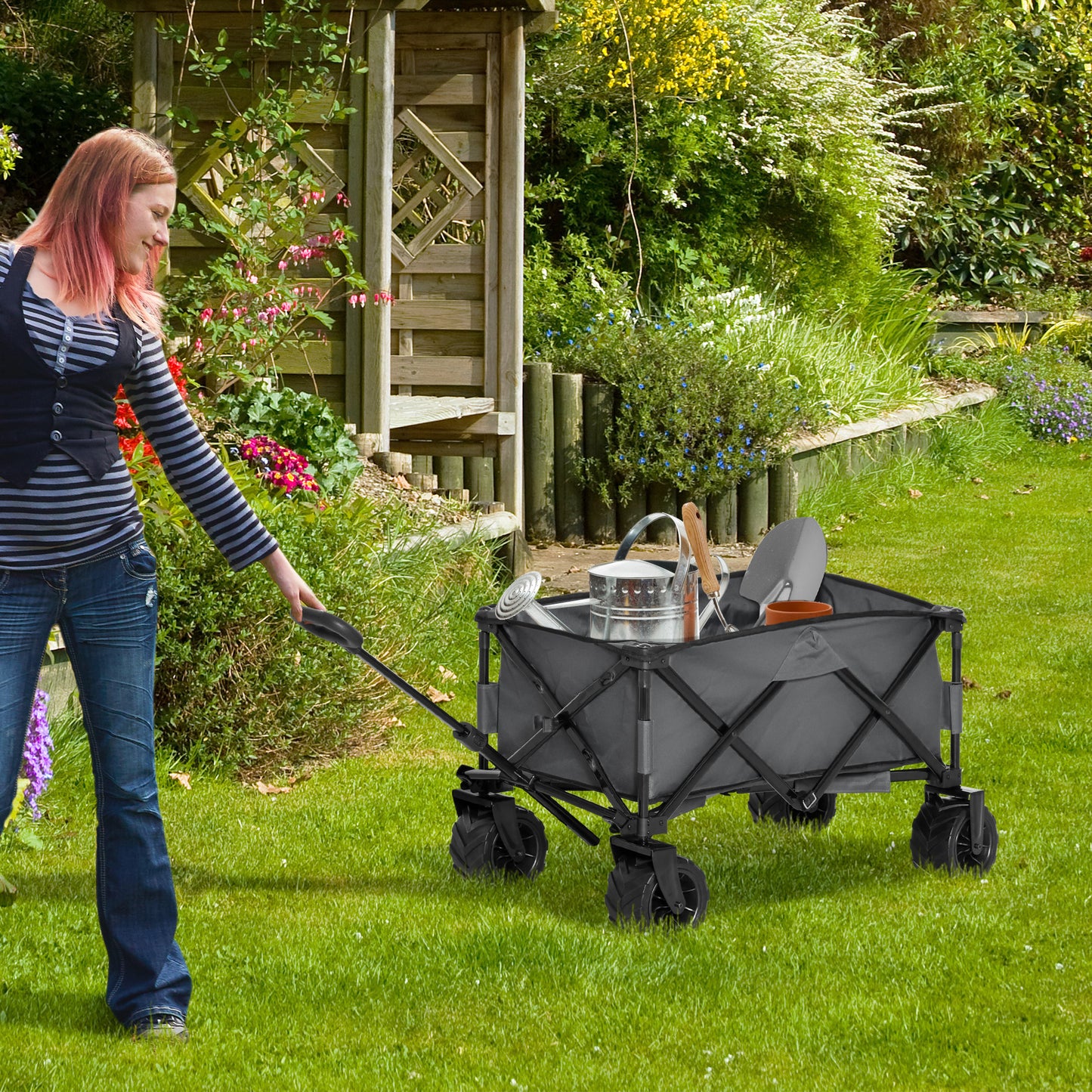 Outsunny Bollerwagen Faltbarer Handwagen 360° Gartenwagen Transportwagen mit Teleskop Griff Verstellbarer Griffhöhe Strandwagen bis 70 kg Tragkraft Metall Oxford Dunkelgrau 108 x 55 x 59-89 cm