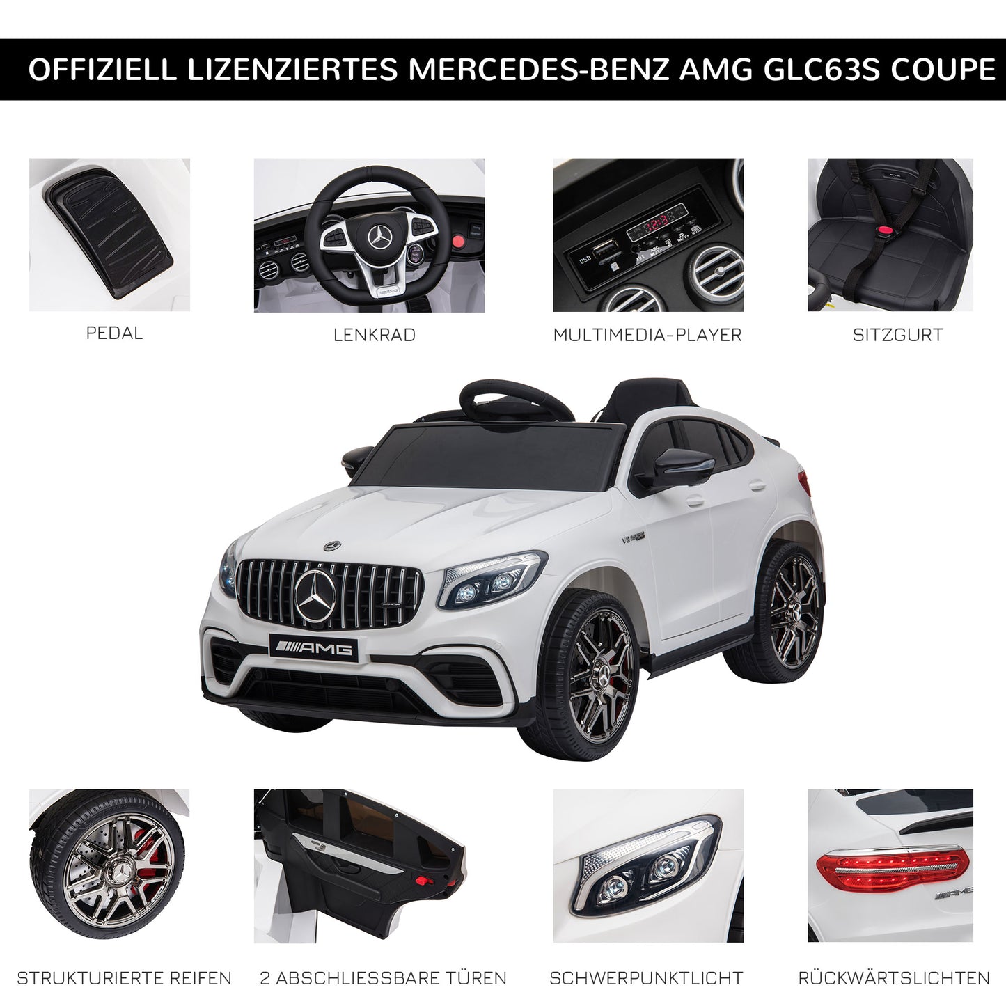 HOMCOM Kinderfahrzeug 12V Mercedes-Benz AMG GLC63S COUPE lizenzierter Elektroauto mit Fernbedienung Sicherheitsgurt 2 x 35W Motoren MP337-60 Monate Weiß 115 x 70 x 55 cm