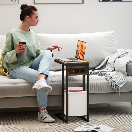 HOMCOM Beistelltisch mit Steckdosen, USB-Anschlüssen, Kabel, C-förmiges Design