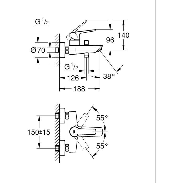 Single lever bath/shower mixer - GROHE Start - 322782432 - Matt black - Exposed wall mounting - Automatic diverter