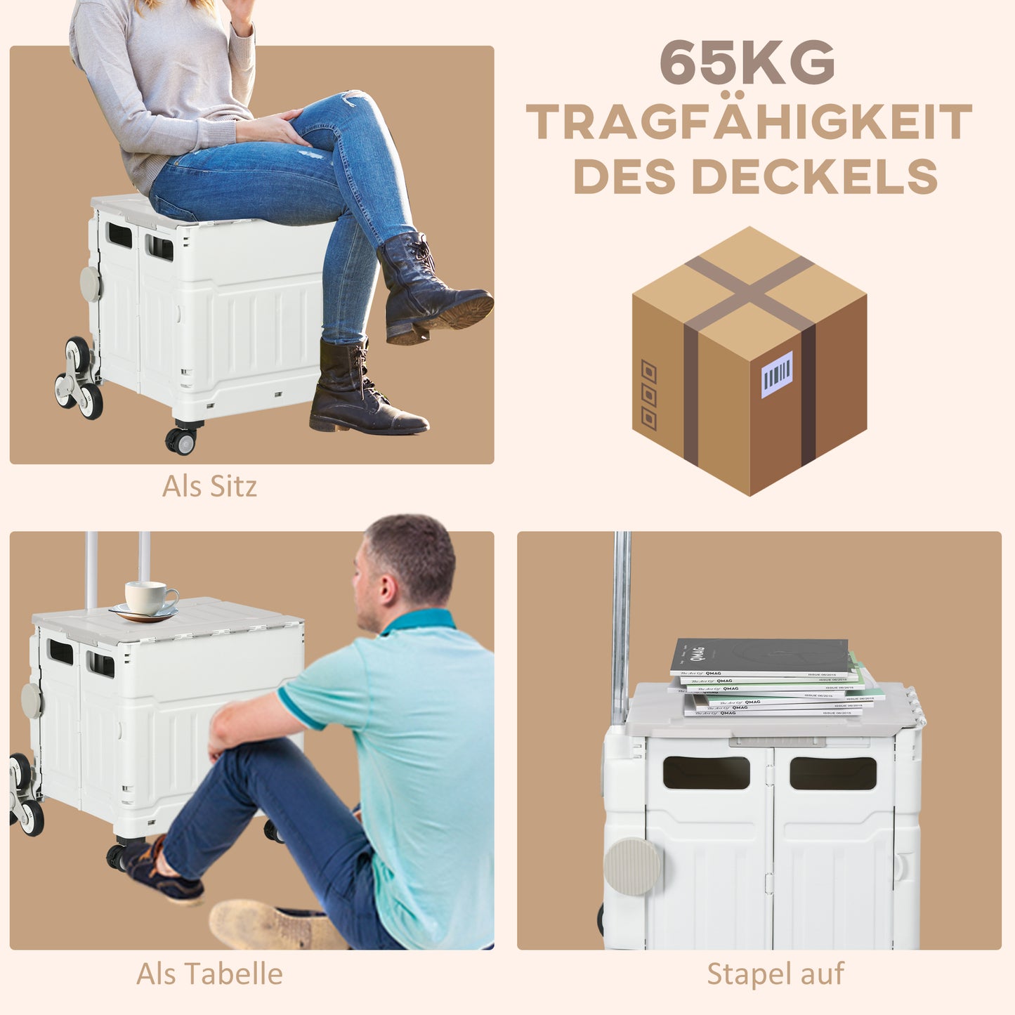 HOMCOM Einkaufstrolley Treppensteiger Mobile Transportbox, klappbar, Teleskopgriff, bis max. 65 Kilo belastbar, Weiß