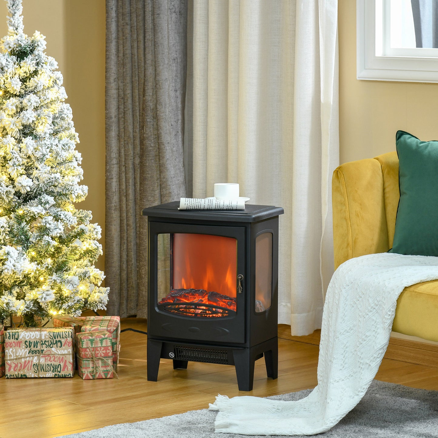 HOMCOM Elektrokamin mit Heizung, 1800 W elektrischer Kamin mit LED Flammeneffekt