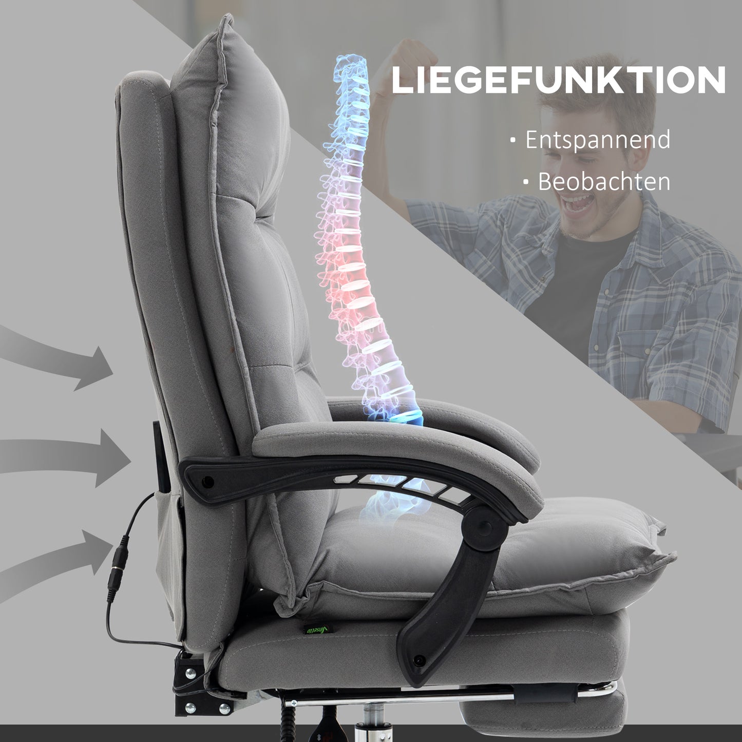 Vinsetto Bürostuhl mit Massagefunktion, Heizfunktion, Fernbedienung, ausfahrbare Fußstütze, neigbar, grau