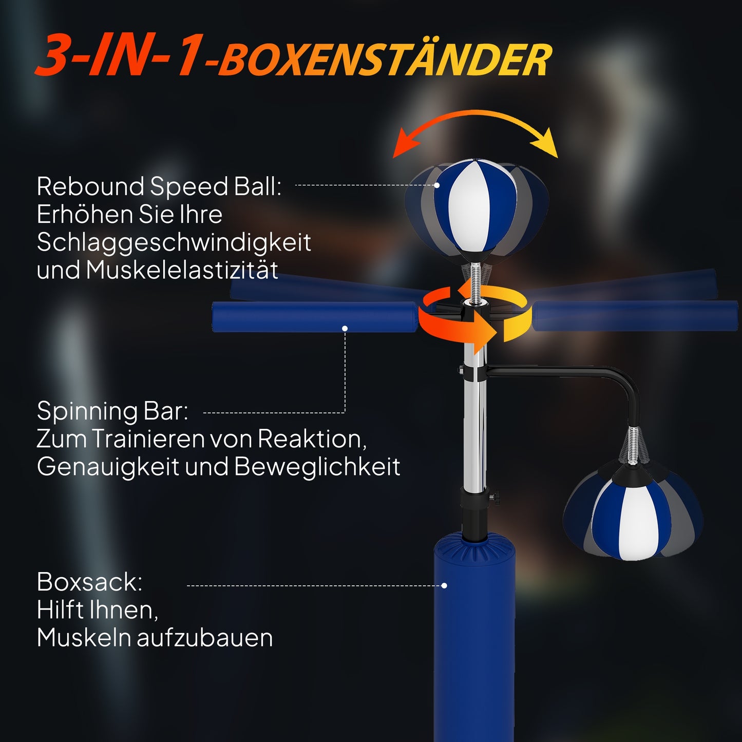SPORTNOW Boxstand, zwei Speedballs, drehbare Boxstange, Kickpolster, höhenverstellbar, Stahl, 107 x 36 x 140-205 cm, Blau