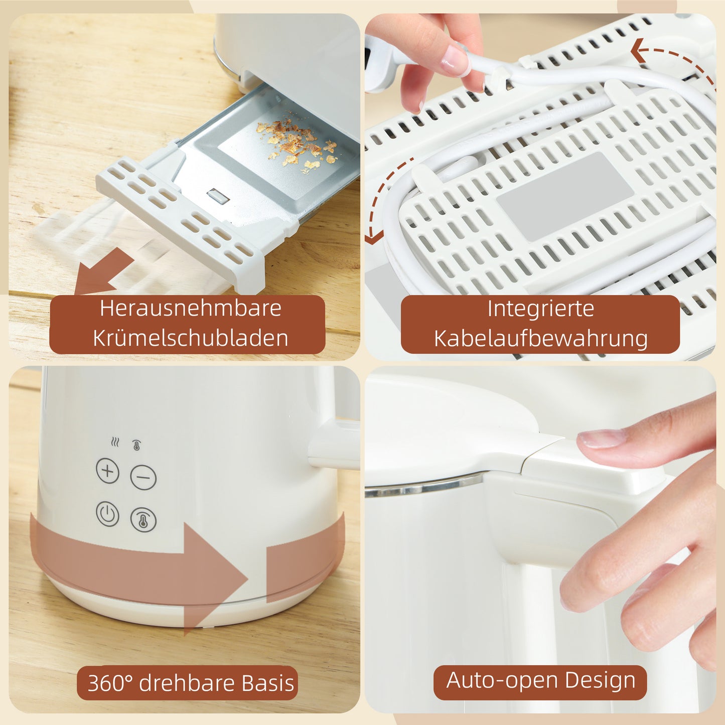 HOMCOM Küchenset mit Wasserkocher und Toaster, 7 Bräunungsstufen, schnelles Kochen, Edelstahl, Kunststoff, Weiß