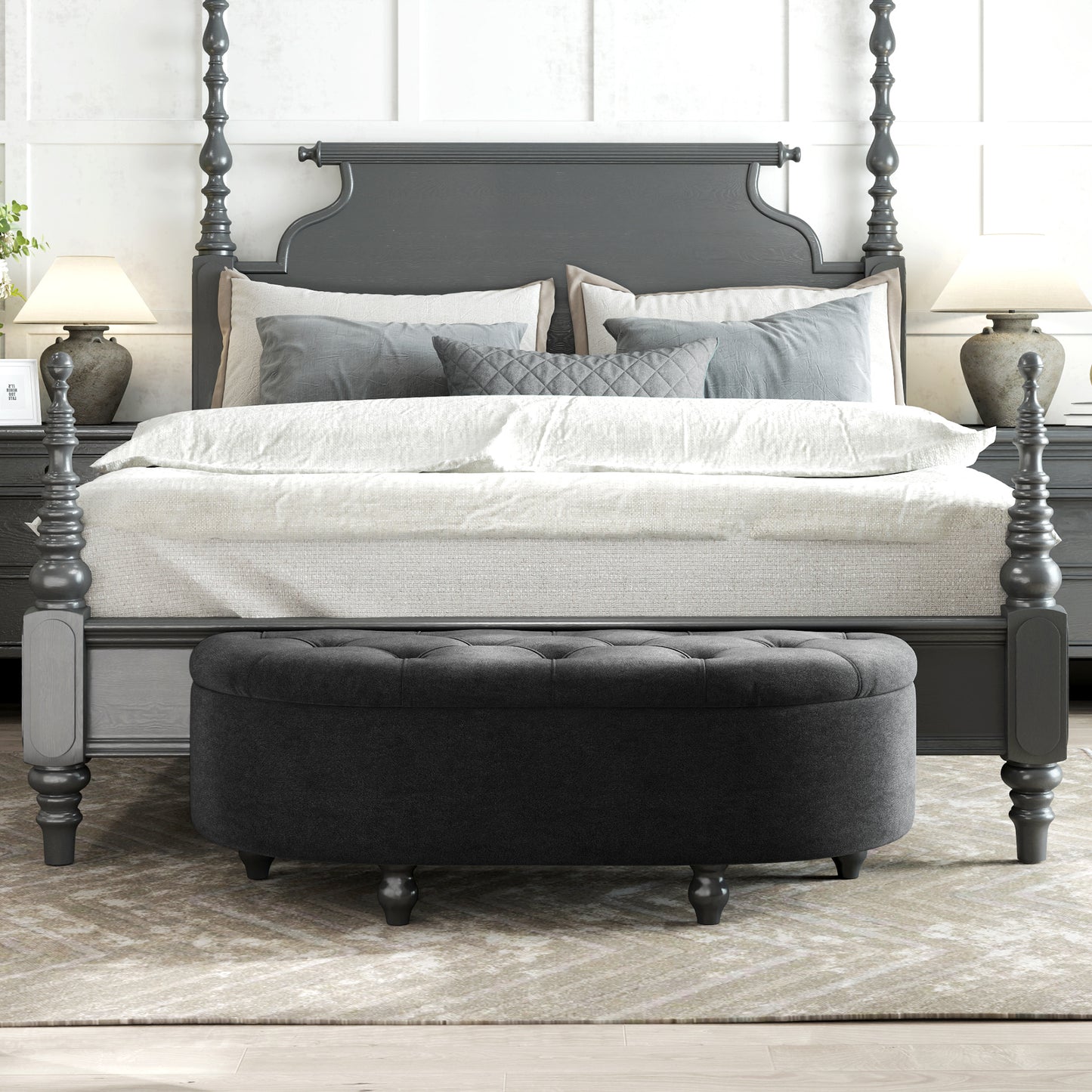 HOMCOM Hocker mit Stauraum, Sitztruhe, gepolstert, soft-close Deckel, Samtoptik, 120 x 46 x 42 cm, Dunkelgrau