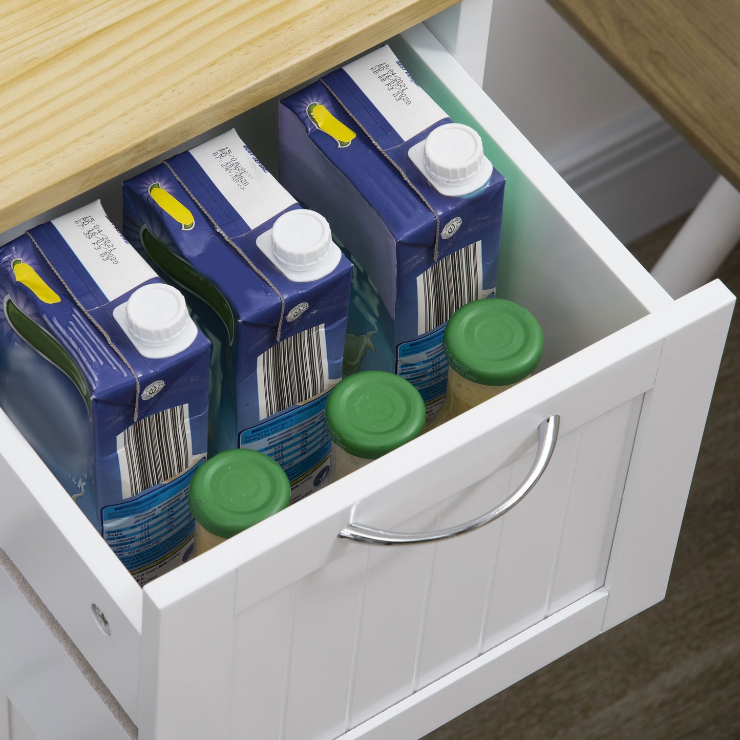 HOMCOM Küchenwagen im Landhausstil Kücheninsel Küchentrolley mit 3 Schubladen, Weiß