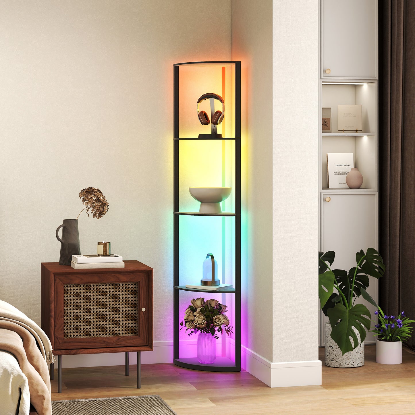 HOMCOM LED Stehlampe 5-stufige dimmbar Stehleuchte mit Regal, RGB Farbwechsel, Fernbedienung
