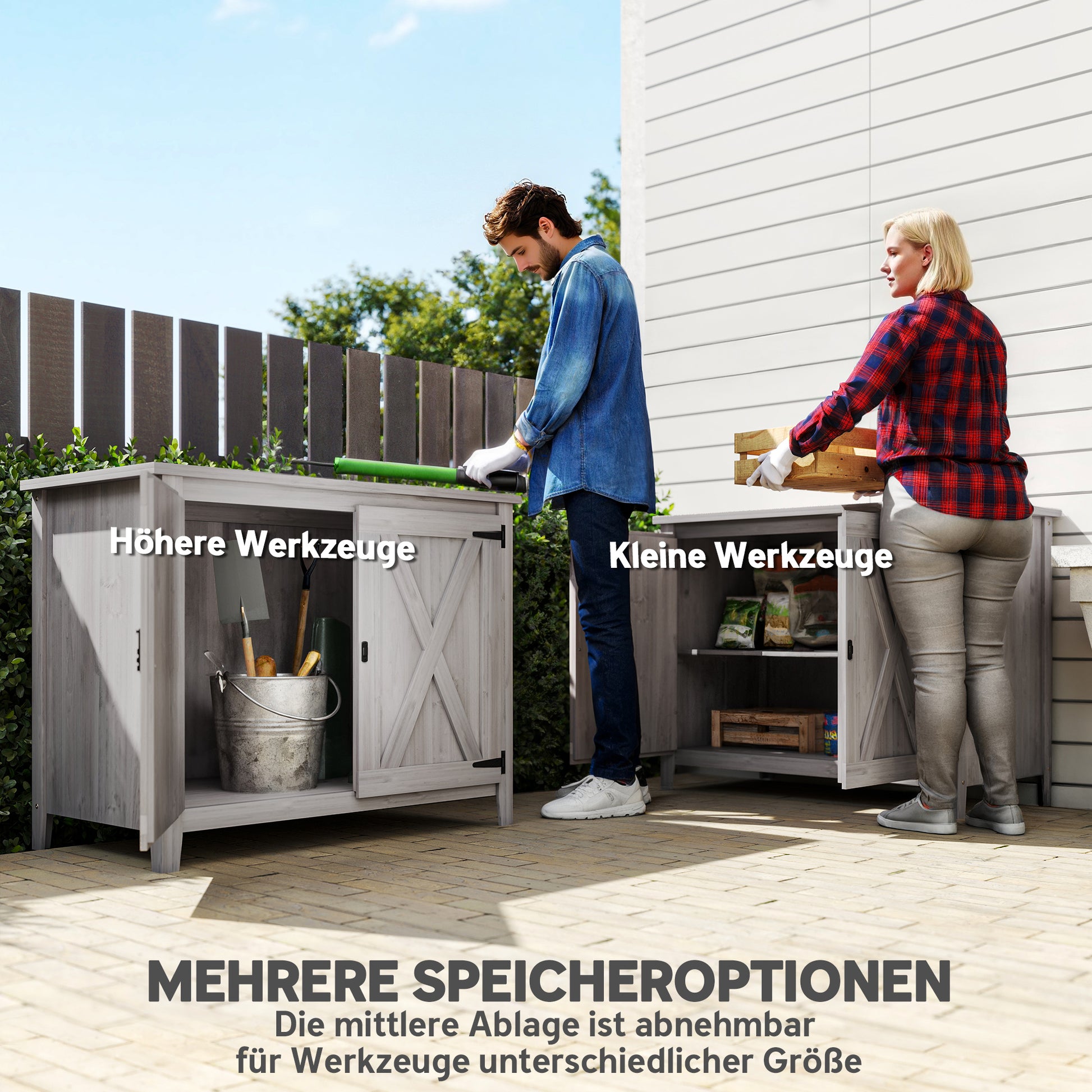 Outsunny Gartenschrank, Holzschrank für Gartengeräte, Outdoor-Schrank für Terrasse, mit Doppeltüren, Scheunendesign, Hellgrau