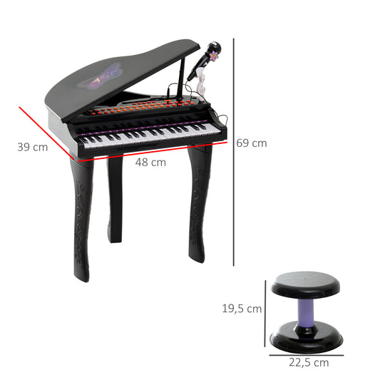 HOMCOM Keyboard Kinder mit 37 Tasten, Hocker Klavier mit Mikrofon, LED-Lehrmodus, Aufnahme, Piano Musikinstrument für 3-6 Jahre Kinder Schwarz
