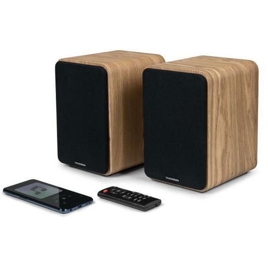 THOMSON WS602DUO - Set of 2 speakers with wooden box - 100W - Bluetooth 5.0 - 2 RCA outputs - Light wood