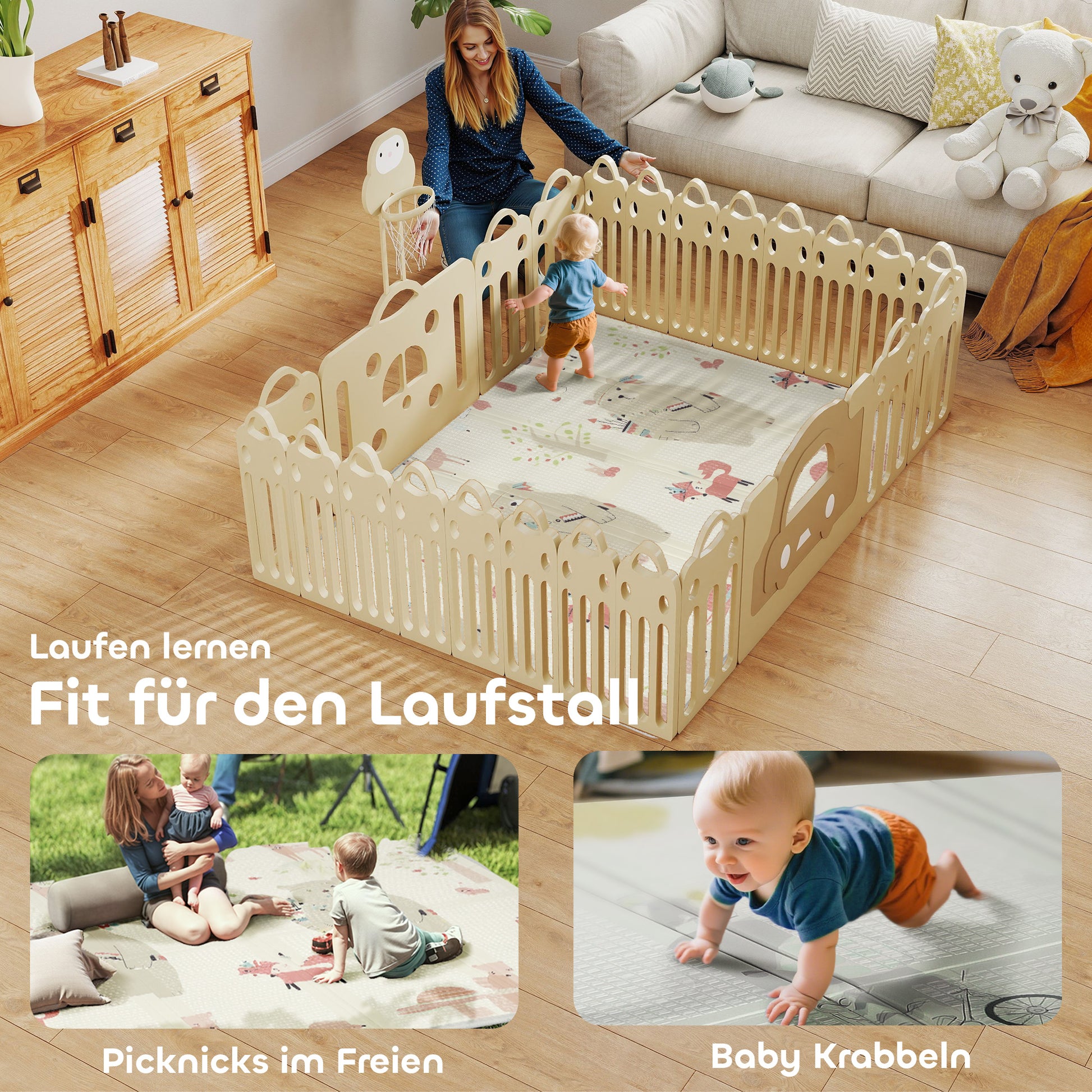 AIYAPLAY Baby-Spielmatte, Tiermuster, Schaumstoff, 1,5 cm dicke Polsterung, rutschfest