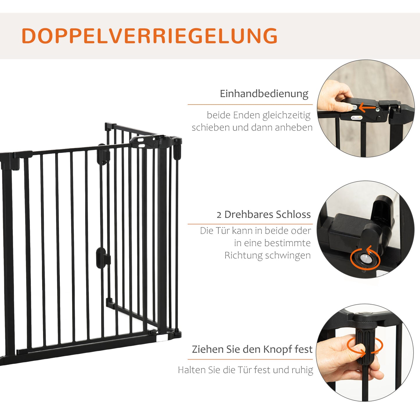 PawHut Hunde Absperrgitter Türschutzgitter Haustierschutzgitter verstellbar klappbar Kamingitter mit automatische schließenden Tür 3 Paneele für Ofen Wandmontage/Freistehend Schwarz 202,5 x 76 cm