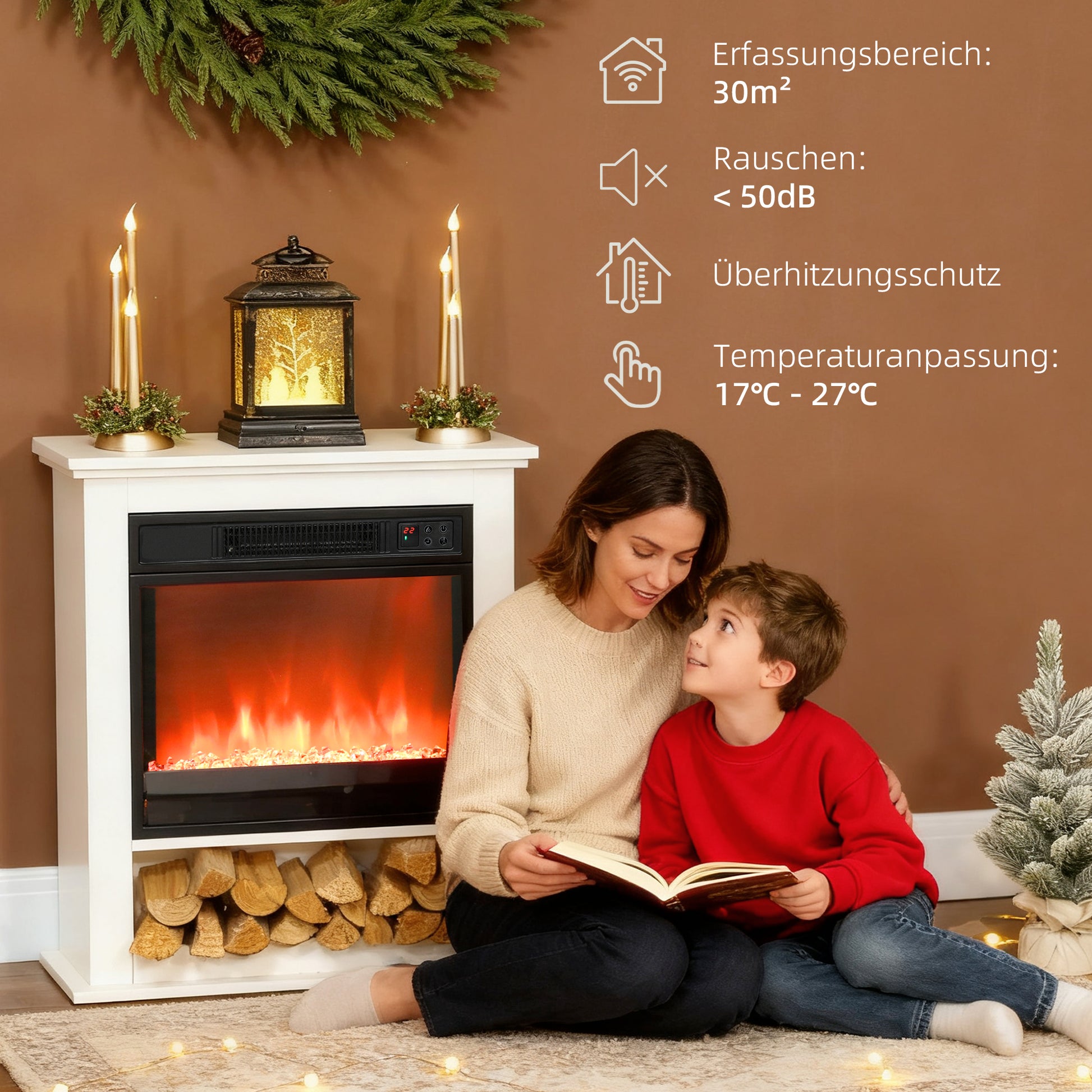 HOMCOM Elektrischer Kamin, realistische Flammen mit 9 Farben, verstellbare Helligkeit, 1800W, Fernbedienung, Timer, Weiß