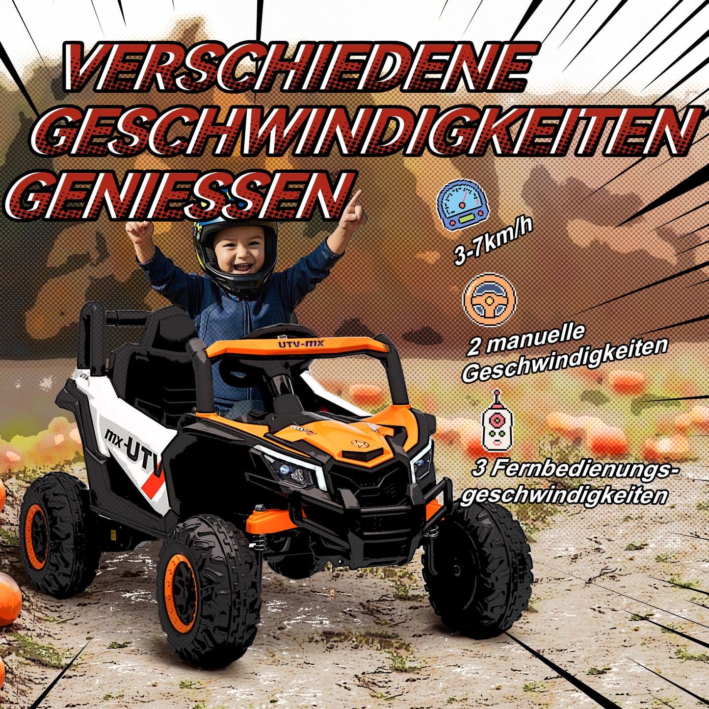 AIYAPLAY 12V Elektroauto für Kinder, Fernbedienungsfunktion, Gurt, Hupe, LED-Lichter, USB-Port, für 3-5 Jahre, Orange