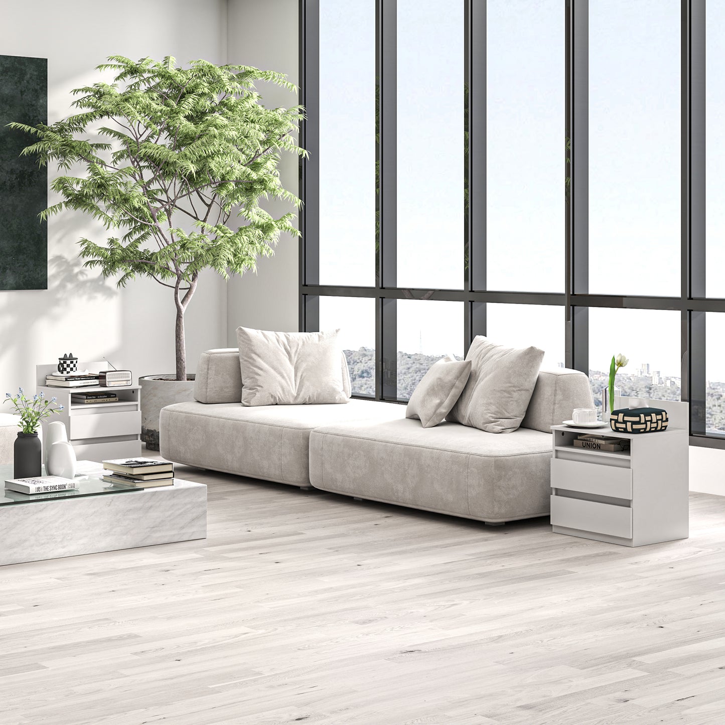 HOMCOM Nachttisch im 2er-Set mit Schubladen und Ablage, moderner Beistelltisch, für Schlafzimmer, Weiß