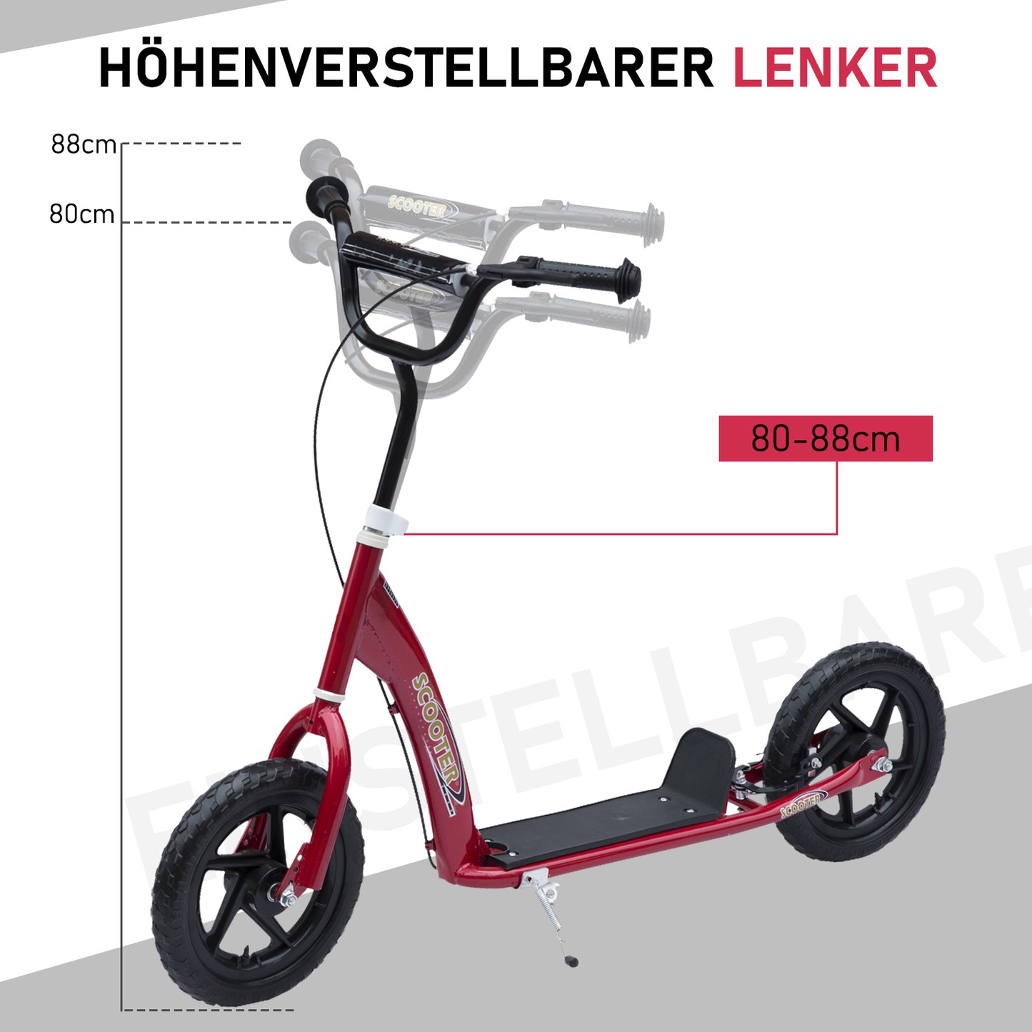 HOMCOM Kinderroller mit Hinterbremse Kickscooter 12 Zoll Tretroller Roller Scooter Cityroller für Kinder Kickboard Höhenverstellbar Stahl EVA Rot 120 x 52 x 80-88 cm