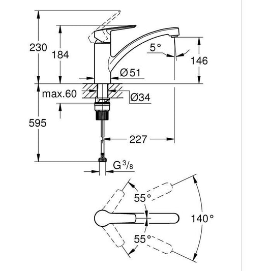 GROHE Start - 324412432 - Kitchen faucet - Single lever sink mixer - Matt black - Low spout - 140° rotation