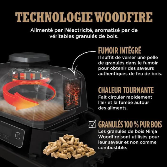 Electric barbecue - NINJA - Woodfire - OG701EU - Grill, smoker & air fryer - Non-stick - Grey and black