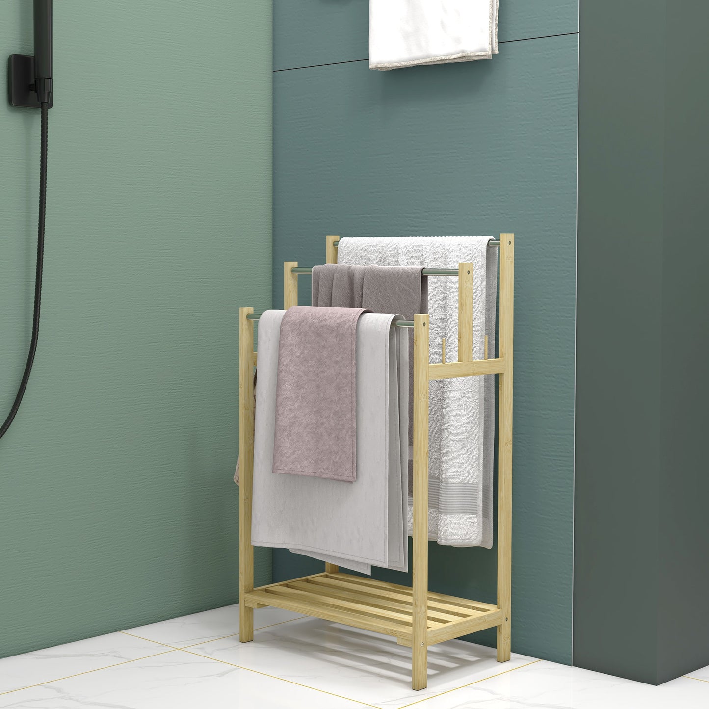 HOMCOM Handtuchhalter, freistehend, 3 Stangen, Bambus/Edelstahl, 50,5x31x90cm
