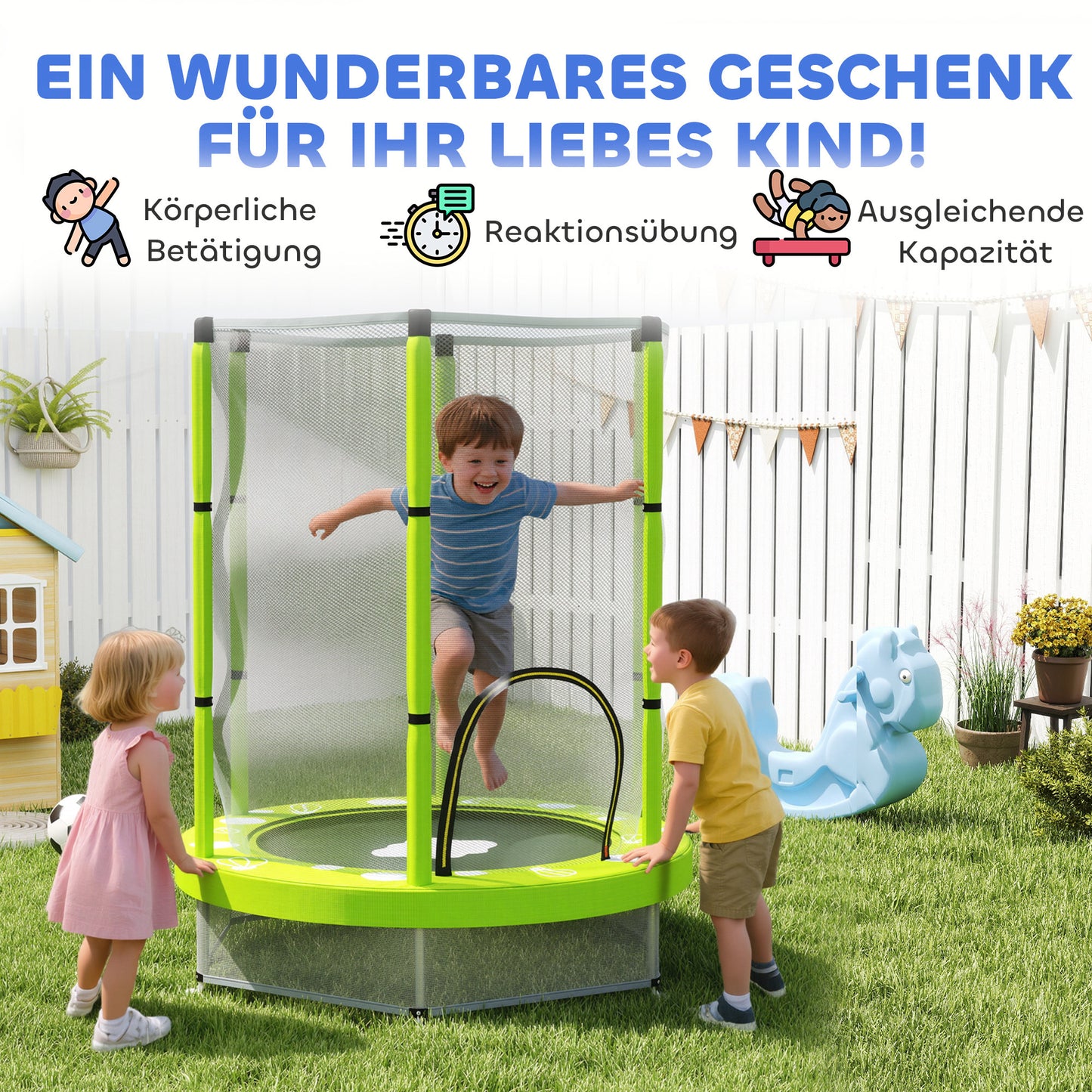 AIYAPLAY Kindertrampolin mit Sicherheitsnetz, für den Innen- und Außenbereich, 3-6 Jahre, Grün