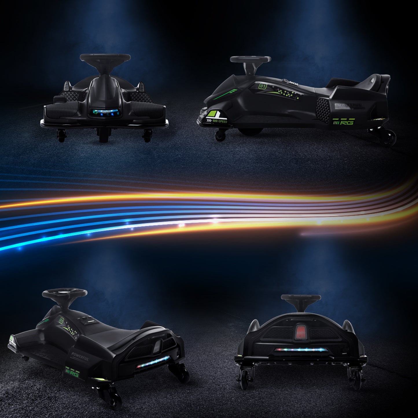 HOMCOM Elektrisches Go-Kart für Kinder, Gummiräder, 3-8 km/h, mit Lichtern und Musikfunktion, Schwarz