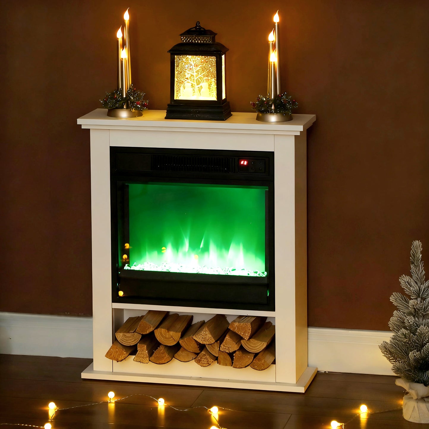 HOMCOM Elektrischer Kamin, realistische Flammen mit 9 Farben, verstellbare Helligkeit, 1800W, Fernbedienung, Timer, Weiß