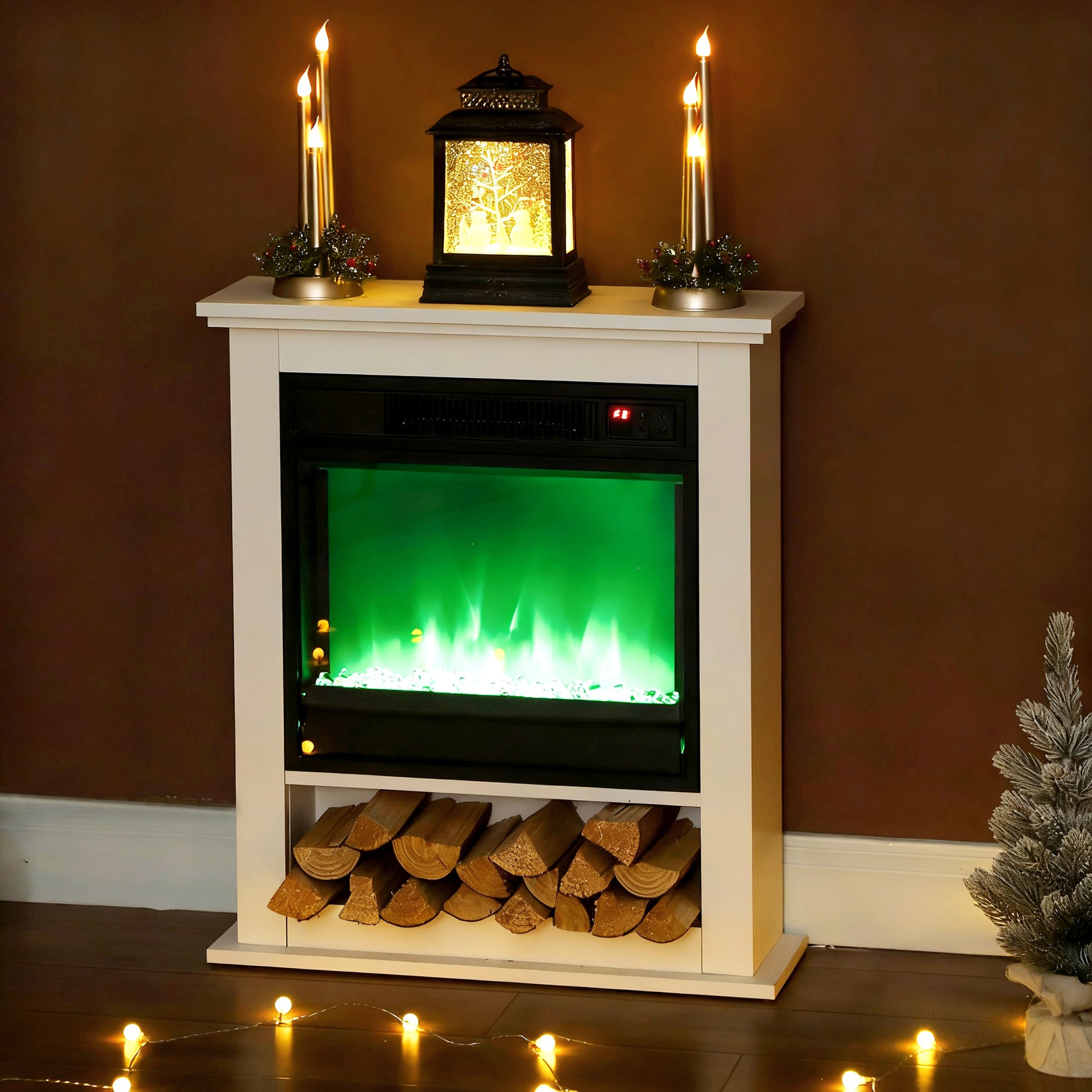 HOMCOM Elektrischer Kamin, realistische Flammen mit 9 Farben, verstellbare Helligkeit, 1800W, Fernbedienung, Timer, Weiß
