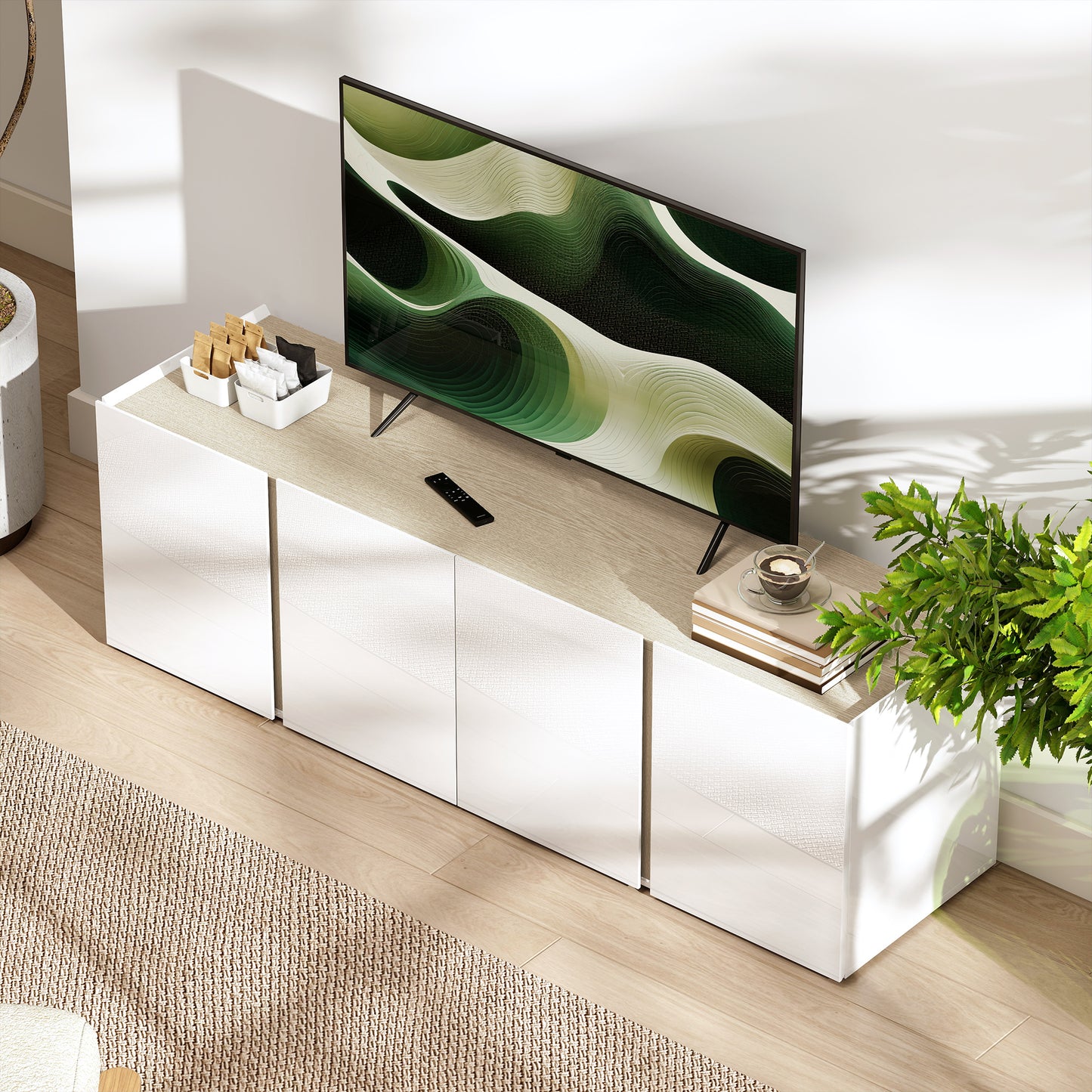 HOMCOM TV-Kommode für 65-Zoll-Fernseher, Fernseh-Schrank mit Soft-Close-Türen, anpassbare Regale, Kabellöcher, für Wohnzimmer, Weiß