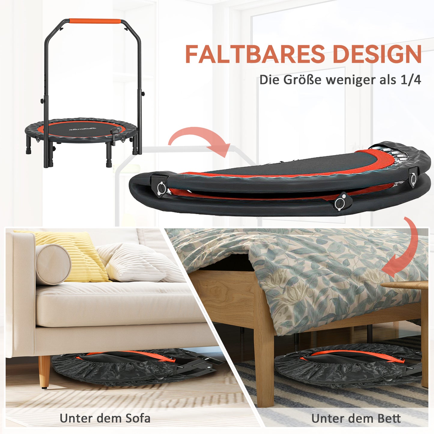 SPORTNOW Mini-Trampolin, mit höhenverstellbarem Haltegriff, LCD-Monitor, Stahl, schwarz+rot, Ø102 x 99-123cm
