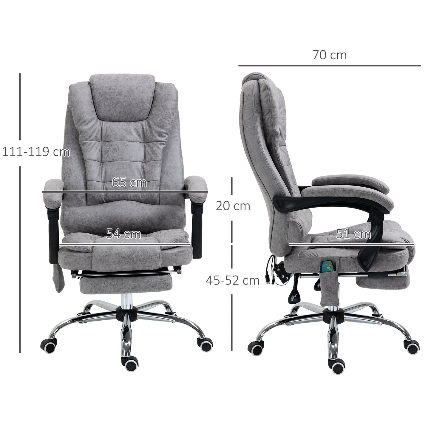 Vinsetto Bürostuhl mit Massagefunktion, Ergonomischer Schreibtischstuhl mit Liege- & Wärmefunktion, Fernbedienung, Grau