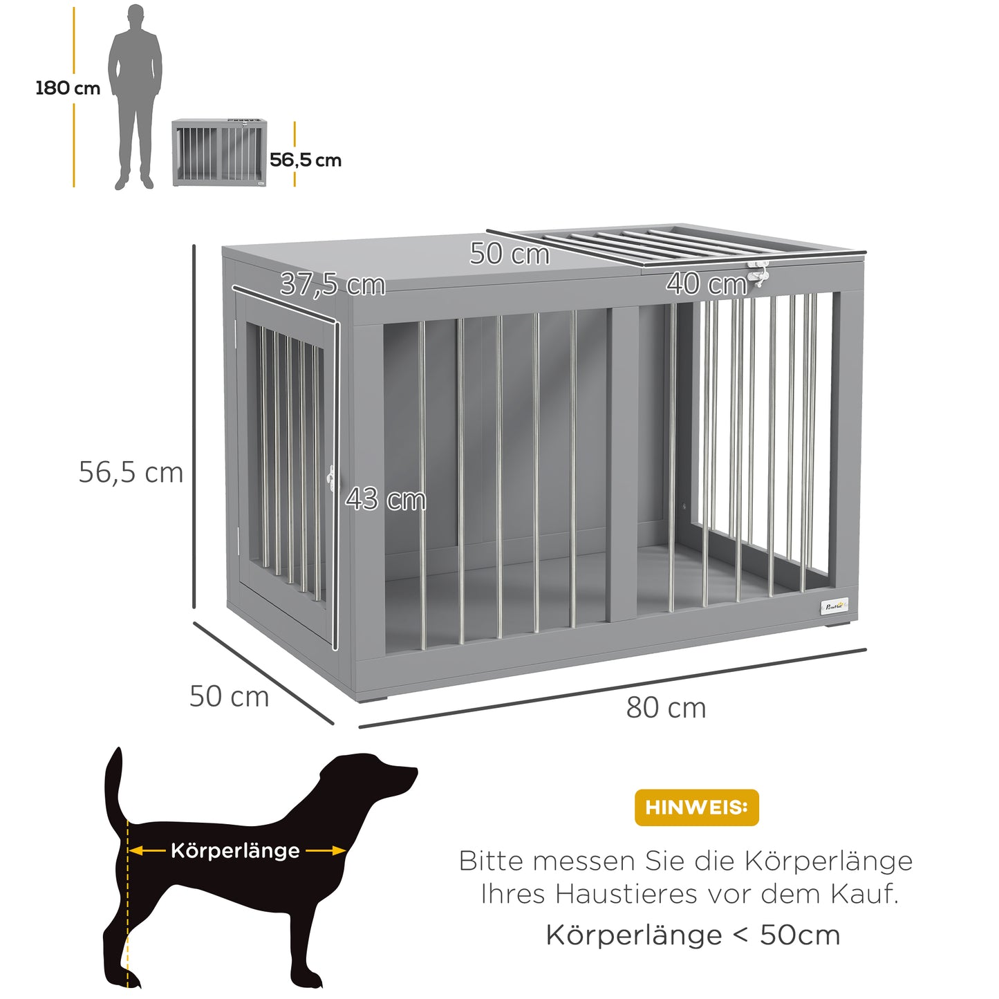 PawHut Hundekäfig Hundebox Hundetransportbox, 2 Türen, verriegelbar, Stahlgitter, 80 cm x 50 cm x 56,5 cm, Grau
