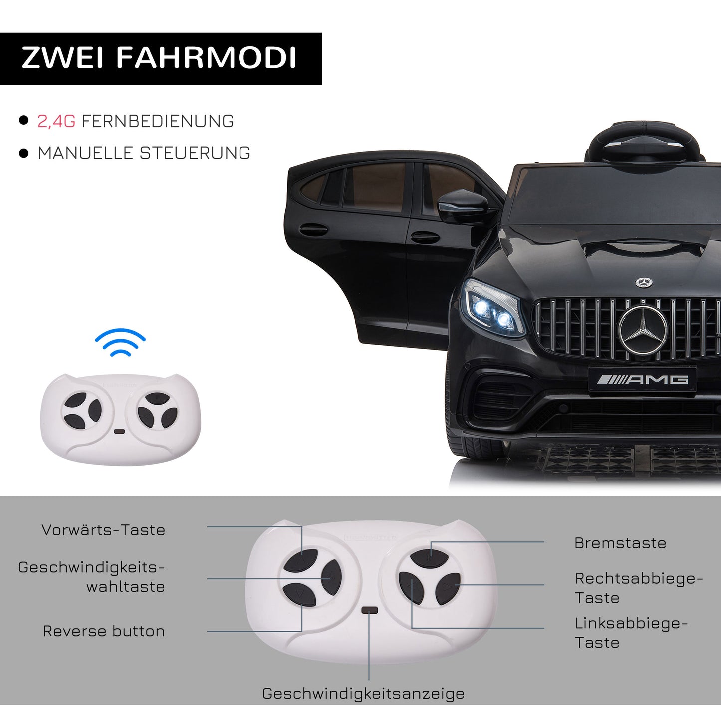 HOMCOM Kinder Elektroauto 12V Kinderauto mit 2,4 G Fernbedienung, 2 Motor, Kinderfahrzeug mit Hupe, Musik, Sicherheitsgurt, Elektrofahrzeug für 37-60 Monate Kinder, Schwarz