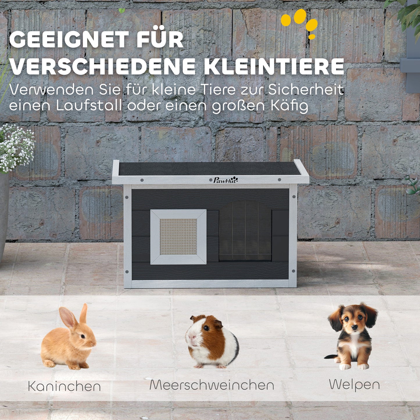 PawHut Katzenhaus, Rückzugsort für Katzen und Kaninchen, Holzhaus mit Kratzmatte, Türklappe, 61 x 45 x 36,5 cm, Grau