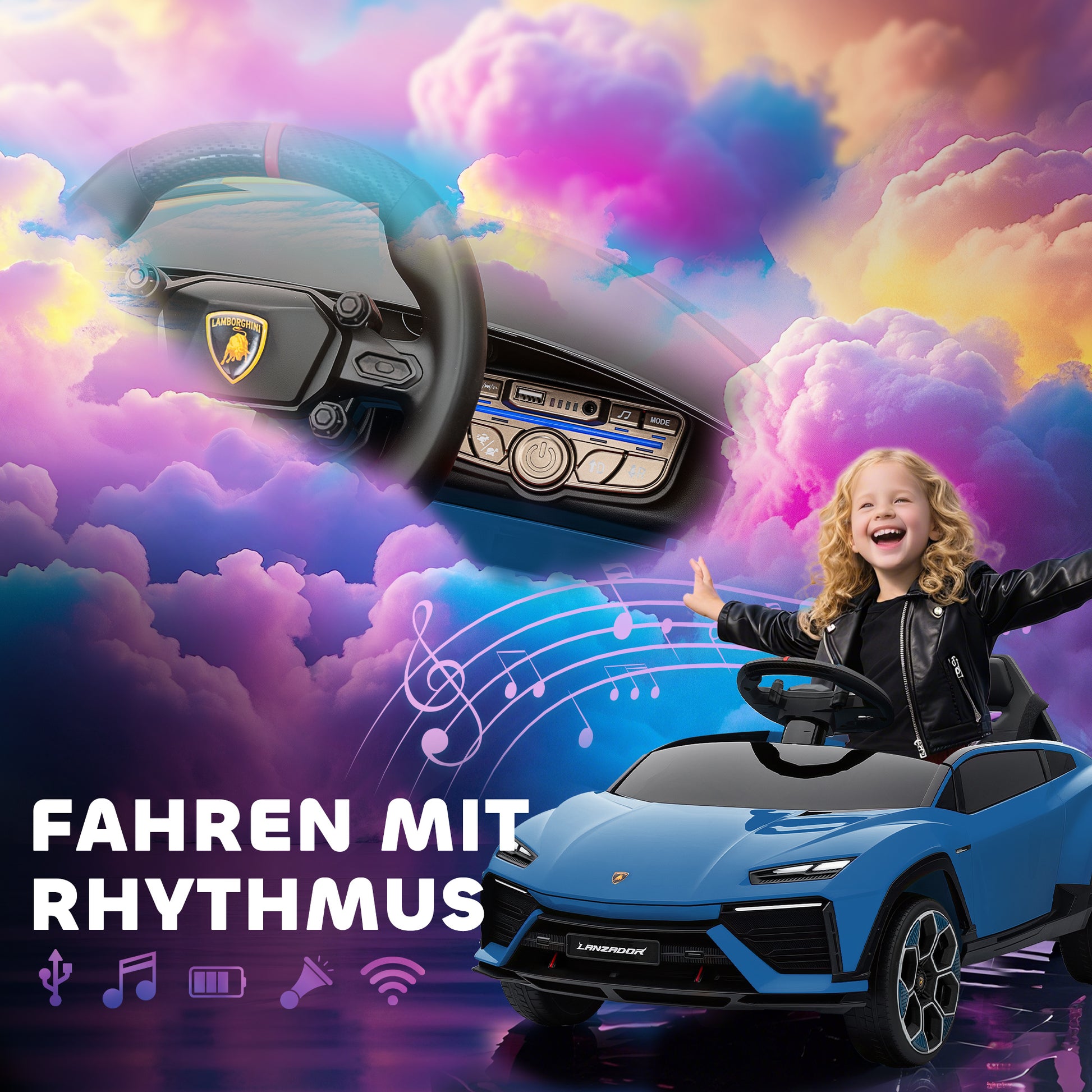 AIYAPLAY Kinder Elektroauto 12V Kinderauto mit 2,4 GHz Fernbedienung, 2 Motor, Hupe, LED, Musik, 101,5 x 49 x 43 cm, Blau
