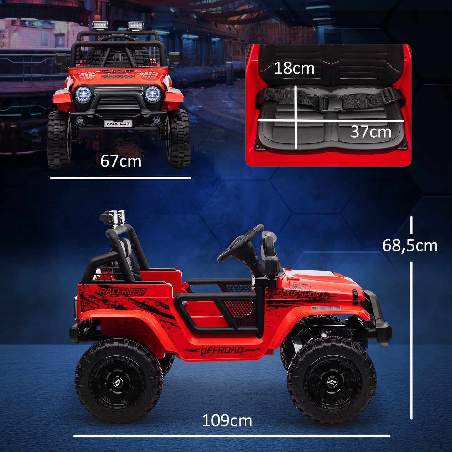 AIYAPLAY Kinder-Elektroauto mit sanfter Federung, fernsteuerbar, LED-Lichter, Hupe, 12V-Motoren, aus Kunststoff und Metall, Rot