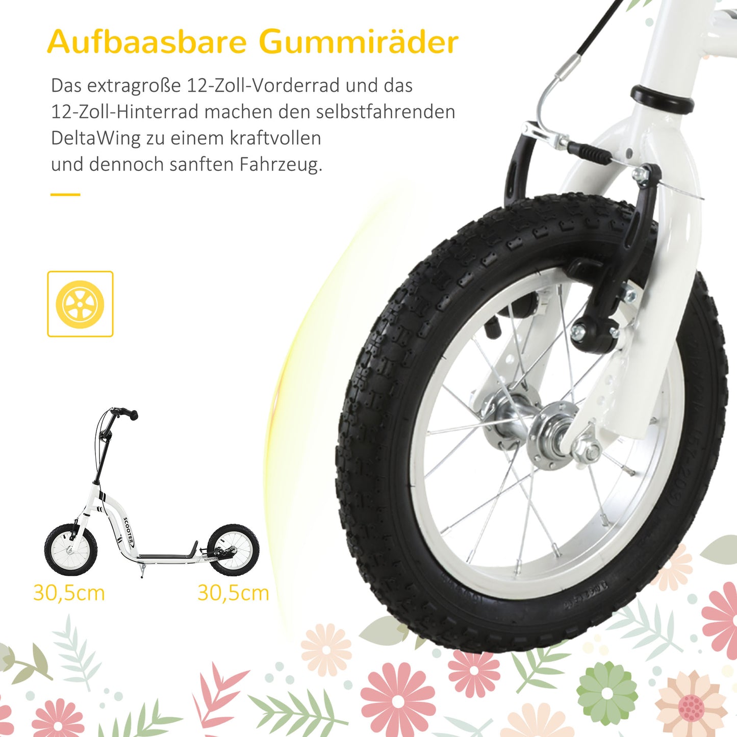 HOMCOM Kinderroller ab 5 Jahre Scooter Kinderscooter Tretroller Cityroller Kinder Roller Kickboard mit Luftreifen 12 Zoll Gummi Aluminium Weiß 120 x 58 x 85-95 cm