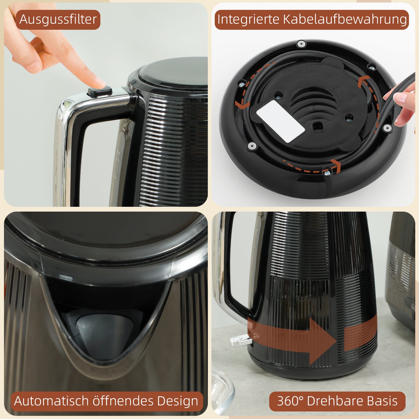 HOMCOM Wasserkocher- und Toaster-Set, 1,7 L, verschiedene Funktionen, Edelstahl, Schwarz